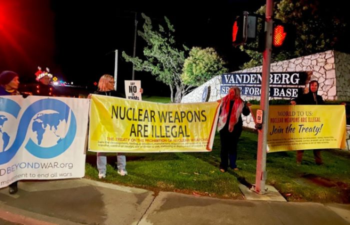 Protesters outside Vandenberg Space Force Base in Southern California. 