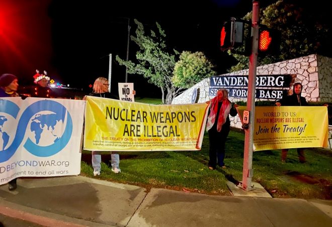 Protesters outside Vandenberg Space Force Base in Southern California. 